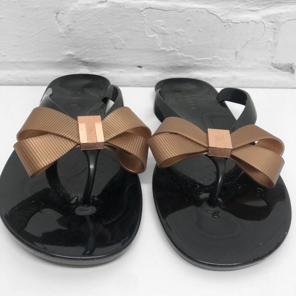 TED BAKER Black Flip Flops w/ Copper Bow - Picture 2 of 6